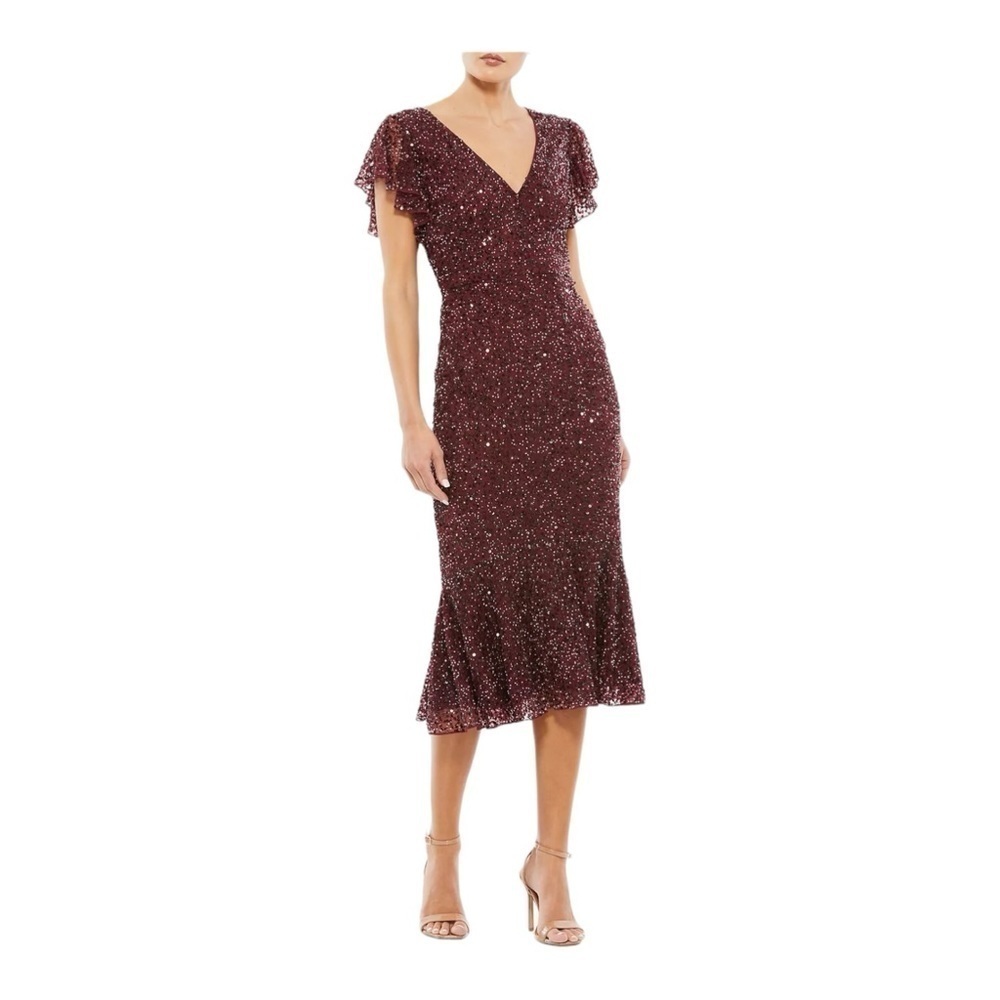 Mac Duggal Beaded Tea-Length Gown in Garnet NWT